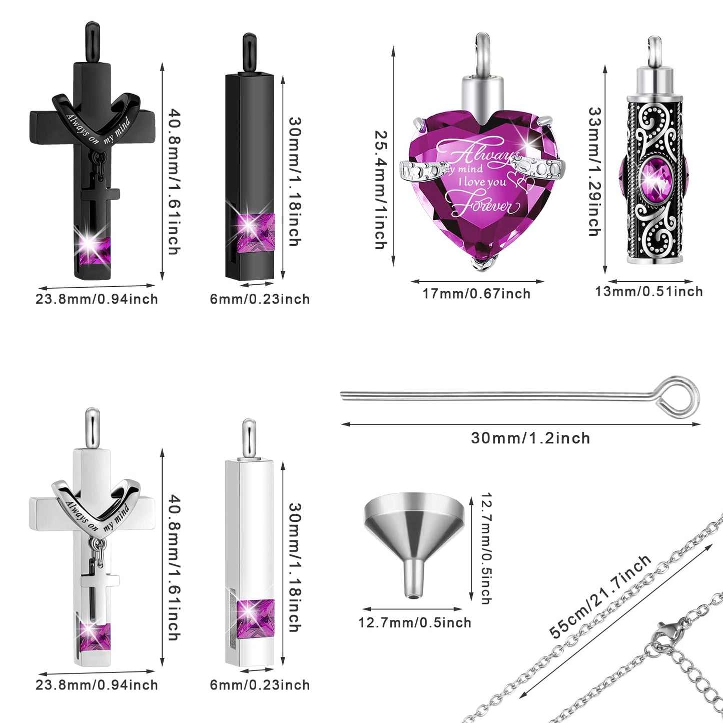 Fumete 6pcs Stainless Steel Ashes Necklace for Cremation Urn Jewelry, Memorial Ashes Necklace for Men Women, Unisex Waterproof N