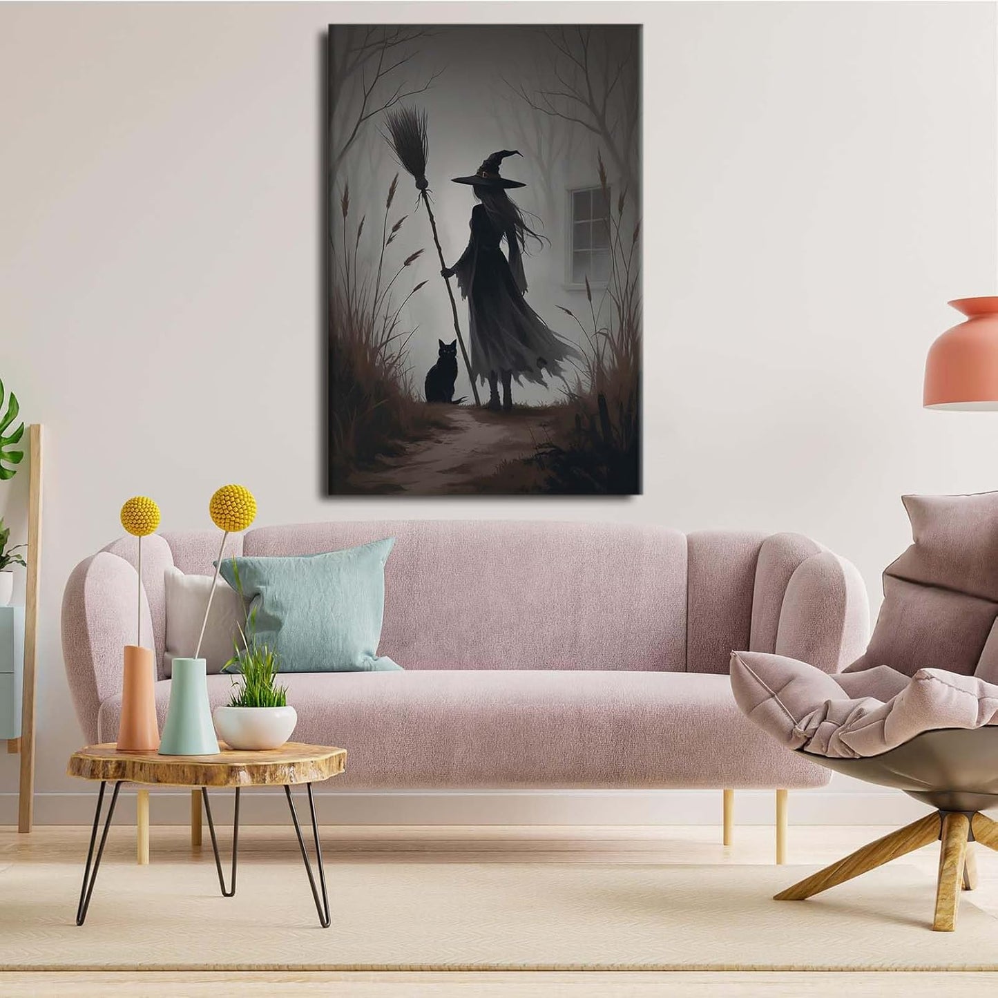 Vintage forest witch and black cat poster Halloween mural poster decoration mural art magic suitable for home living room bedroom8x12in Wood Framed