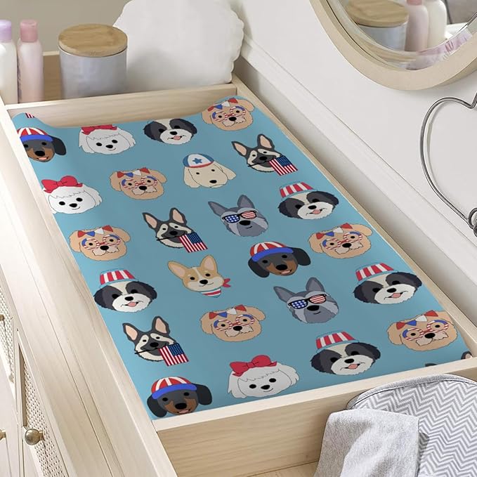 Cute Patriotic Dogs Baby Changing Pad Covers for Boy Girl 32''x16'' 4th of July Puppies Flags Fitted Diaper Change Table Pad Sheets Dogs Lovers Gift Soft Breathable Nursery Baby Changing Table Mats