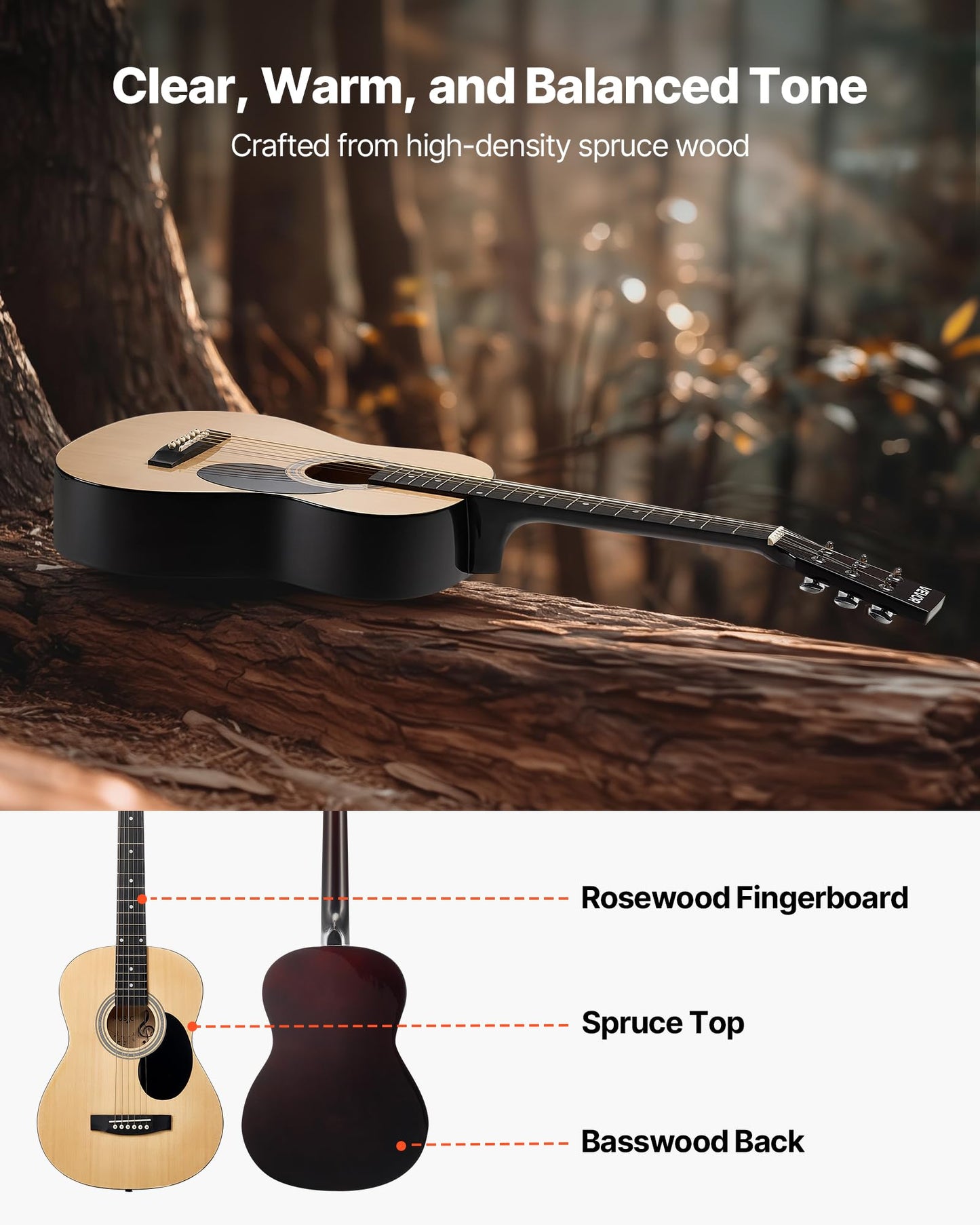 Vevor Dreadnought Acoustic Guitar, 39 In, 6-String Natural Solid Spruce Top Guitar, Portable Bundle With Gig Bag, Tuner, Strap,