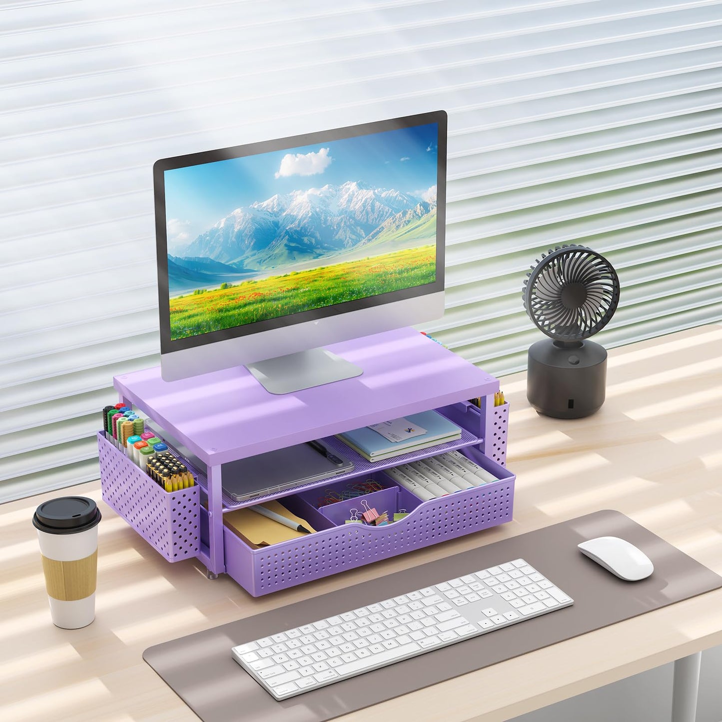 Gianotter Wood Monitor Stand Riser, Desk Organizer With Drawer And 2 Pen Holders, 2-Tier Workspace Organizer For Office Supplies