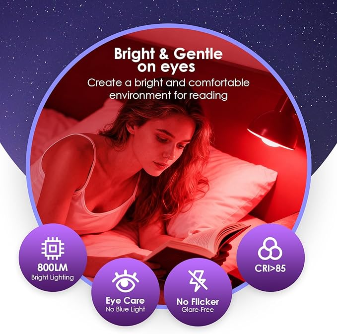 TJOY Red Light Bulbs for Sleep Dimmable, 642nm Red Led Bulb for Melatonin Promoting, 100% Blue Light Blocking, A19 60W Equivalent, 9W E26 Dim Night Light for Bedroom Baby Nursery, 4 Pack