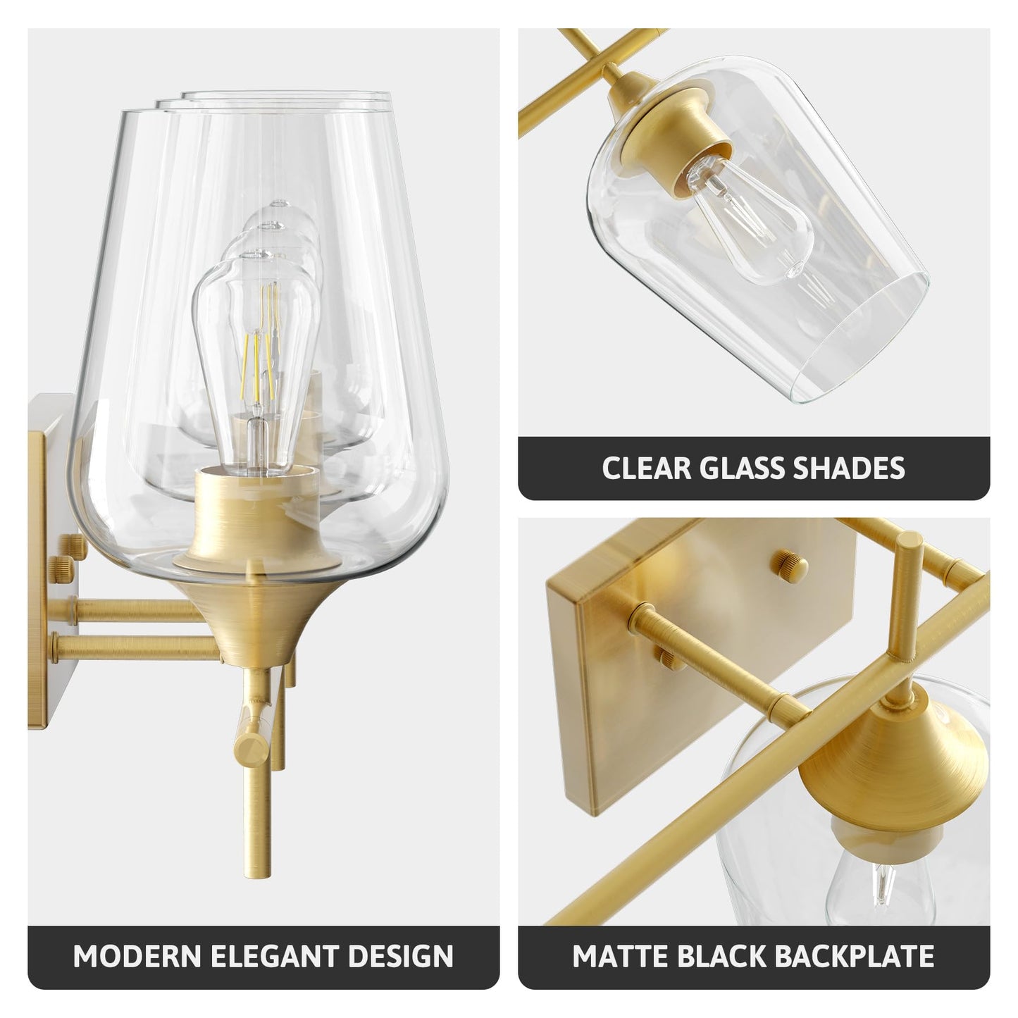 VONLUCE Bathroom Vanity Light Fixture, 3-Light Modern Wall Sconce, Brushed Gold, Metal, Model HCF2803GD