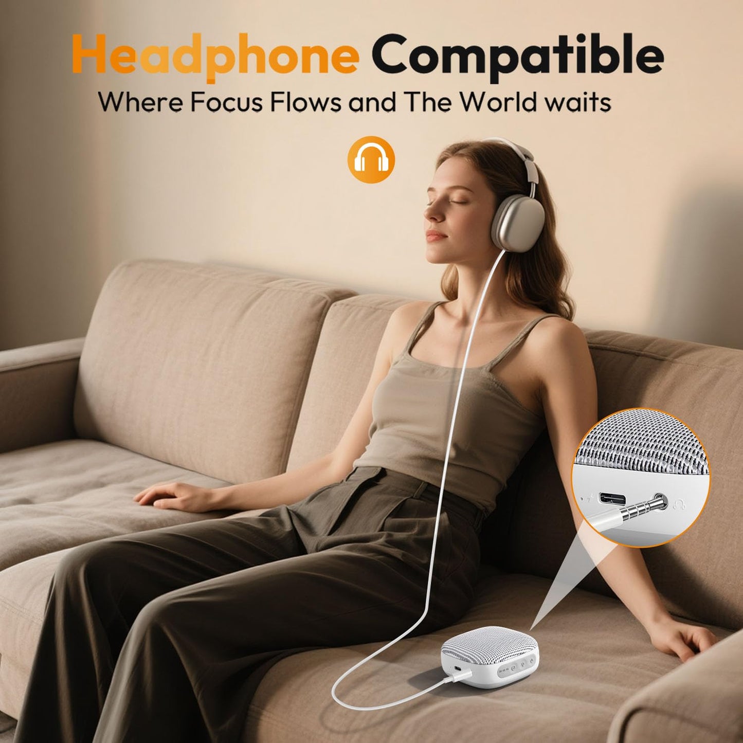 White Noise Sound Machine for Sleeping Adults – with Amber Breathing Night Light, Headphone Jack, 20 Non-Looping Sounds, 52-Hour Battery, Timer & Memory (White)