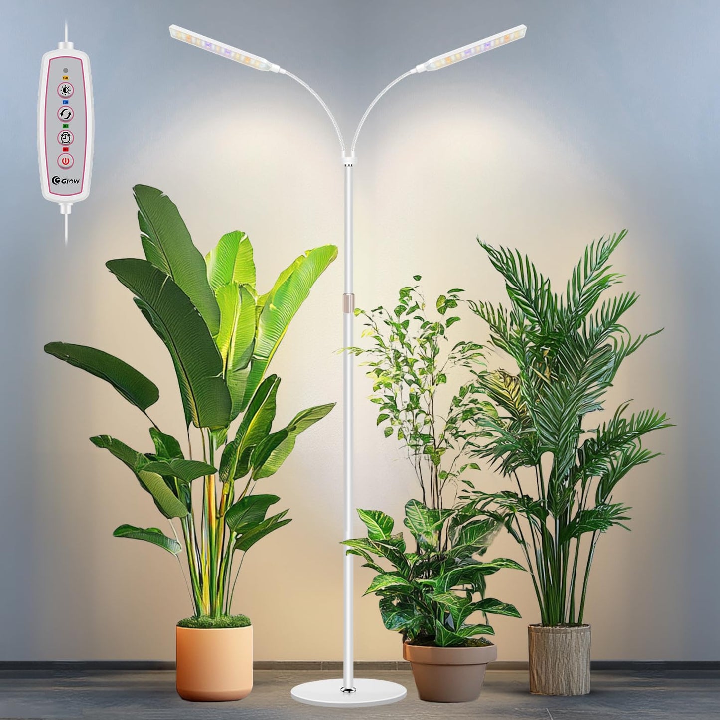 Kullsinss Grow Light for Indoor Plants, 2 Heads, Full Spectrum, Timer, 360? Flexible Gooseneck, Adjustable Height, Model BL-L20A, White