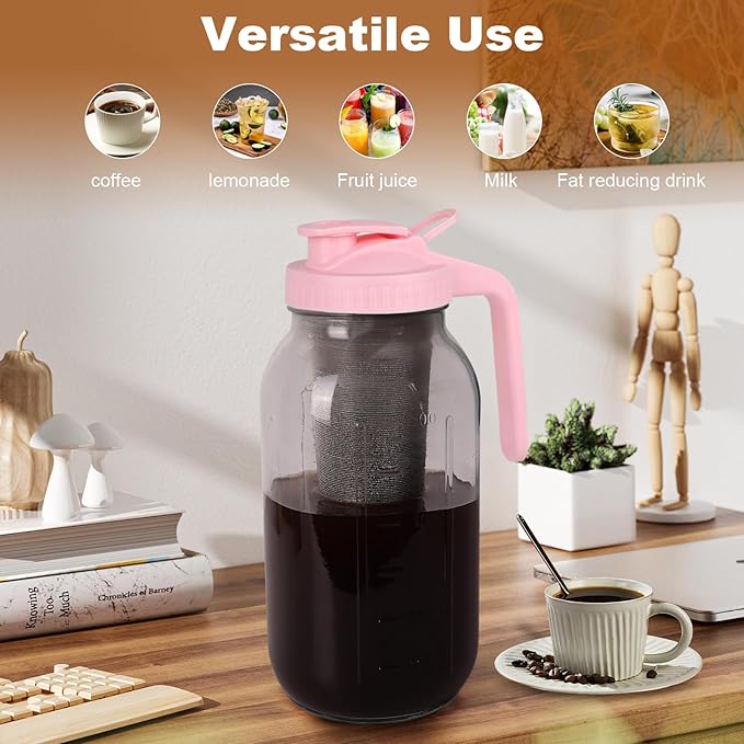 Cold Brew Coffee Maker，64 oz Wide Mouth Mason Jar Pitcher with Stainless Steel Filter, Pour Spout Handle Lid, Heavy Duty Glass Airtight & Leak-Proof for Iced Coffee & Tea Lemonade-Pink
