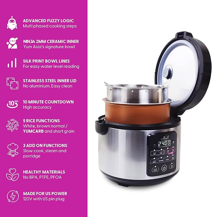 Yum Asia Kumo YumCarb Rice Cooker with Ceramic Bowl and Advanced Fuzzy Logic, (5.5 Cups, 1 Litre), 5 Rice Cooking Functions, 3 Multicooker Functions, 110V US Power (Light Stainless Steel)