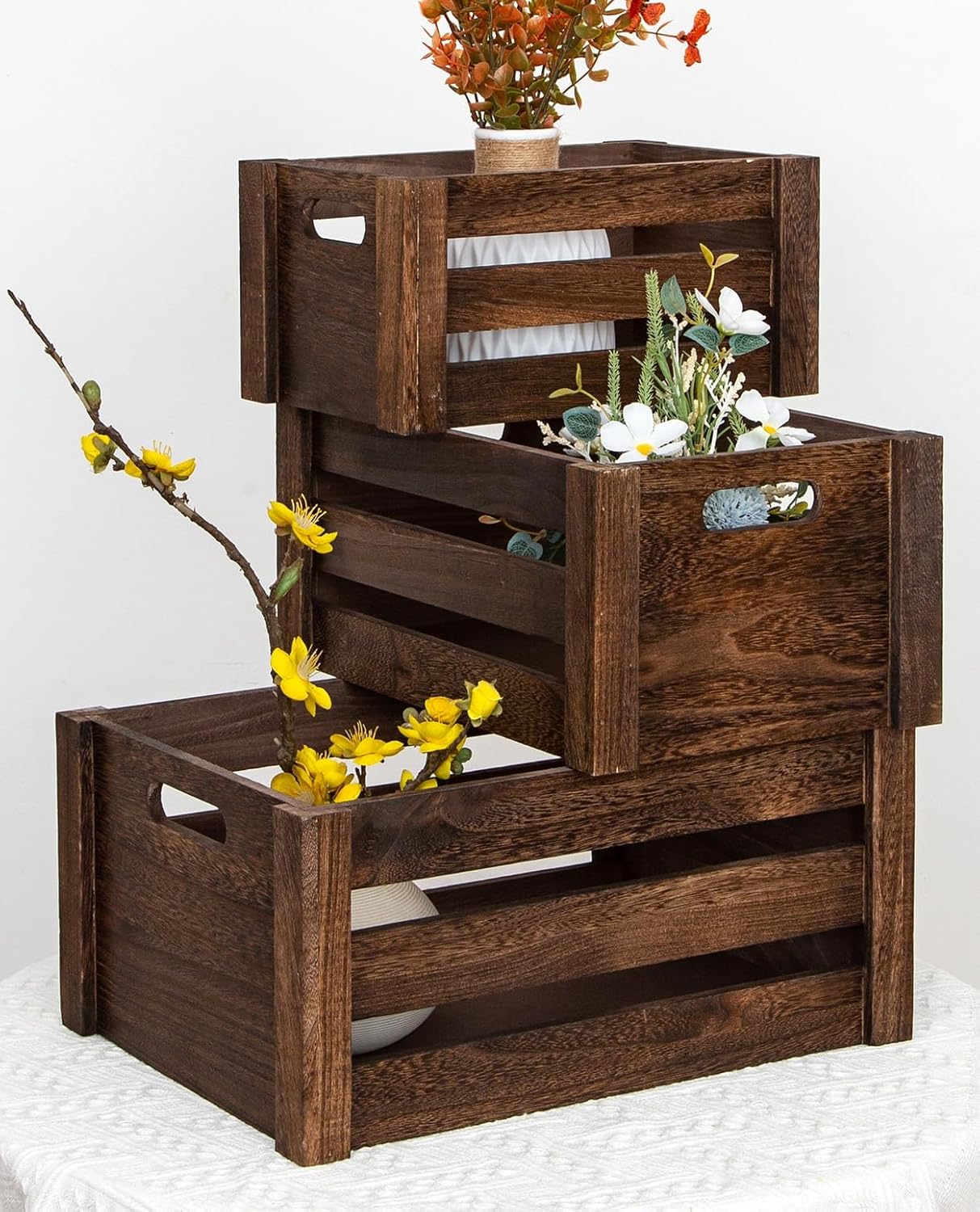 Large Vintage Black Wooden Crates For DispalyWood Crates With Handles,Rustic Handmade Wood Boxes For Storage Or Display,Solid Wood Decorative Boxes