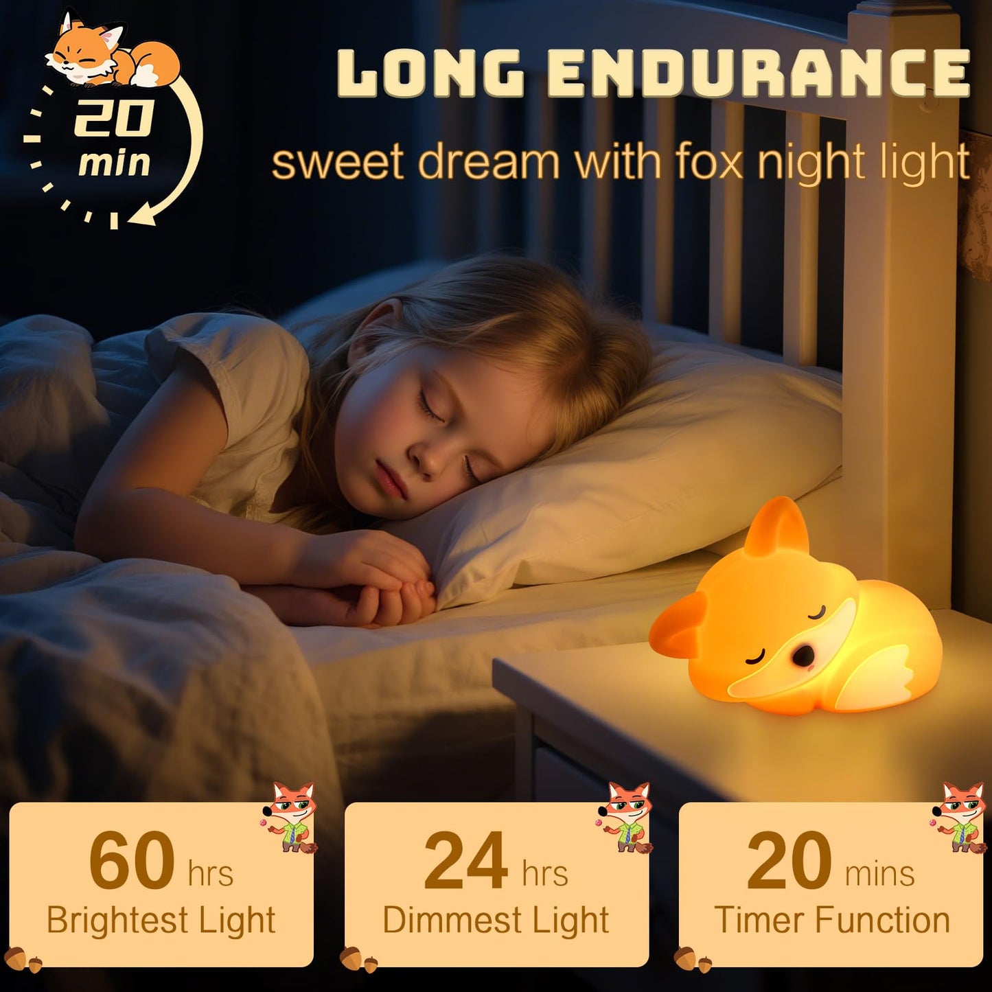 Yr Yrhh-Pet Fox Night Light For Kids  Cute Lamp Xmas Fox Gifts  Squishy Rechargeable Dimmable Toy  Led Woodland Animal Nightlight  White Elephant Gift  Fall Room D?Cor  Silicone Touch Light Up Foxes