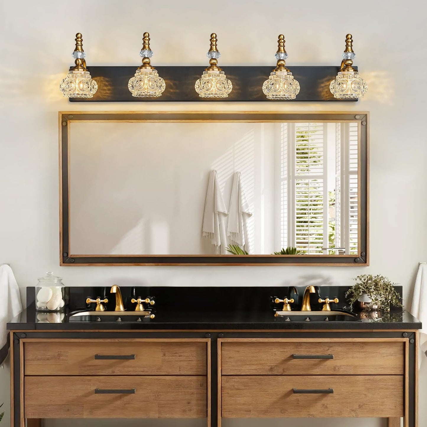 Lbsqj Modern Glass Crystal Vanity Light - Vintage Bathroom Lighting Fixtures Over Mirror  5 Light Vanity Lights G9 Bulb (35.43 Inch  Black Gold)