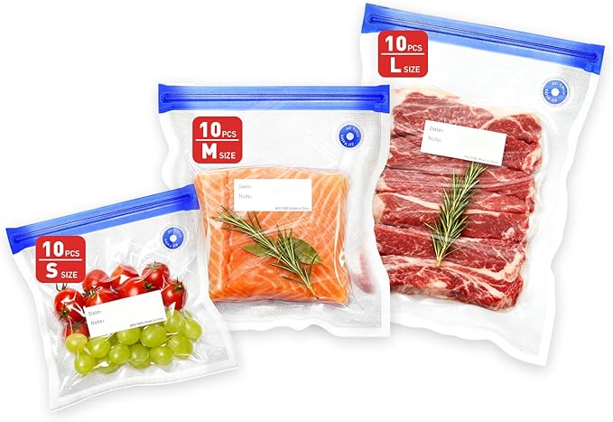 30 Pcs Reusable Vacuum Sealer Bags for Food, 3 Size BPA-Free Vacuum Storage Bags with Sealing Clips & Leak-Proof Design for Sous Vide Cooking, Freezer, Microwave Heating