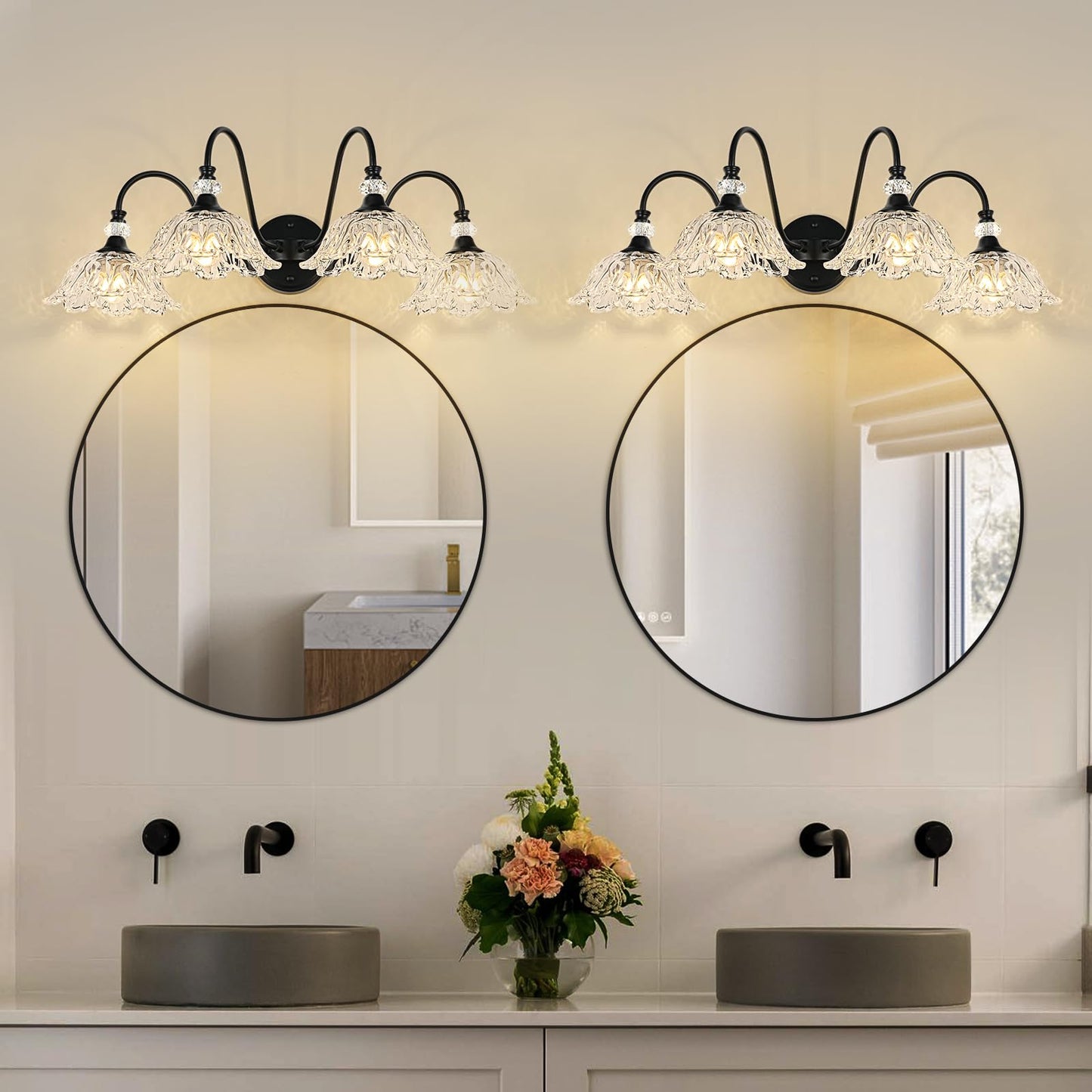 Sunkryster 4-Light Matte Black Bathroom Vanity Light  Farmhouse Vanity Light With Floral Clear Glass Shades  Vintage Wall Mount Lighting For Bathroom