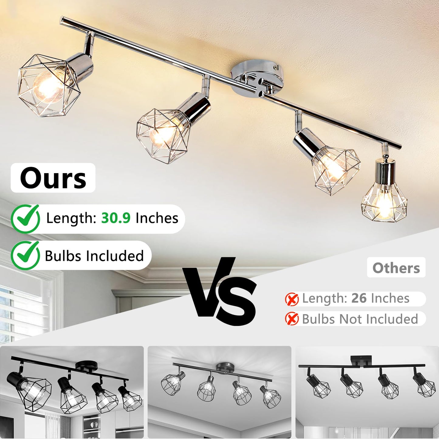 DINGLILIGHTING 4 Lights Track Lighting Kit, Modern Metal Flush Mount Lamp, Adjustable Head, E12 Bulb Included, Model WS-FNG41-40B, 4-Light-M