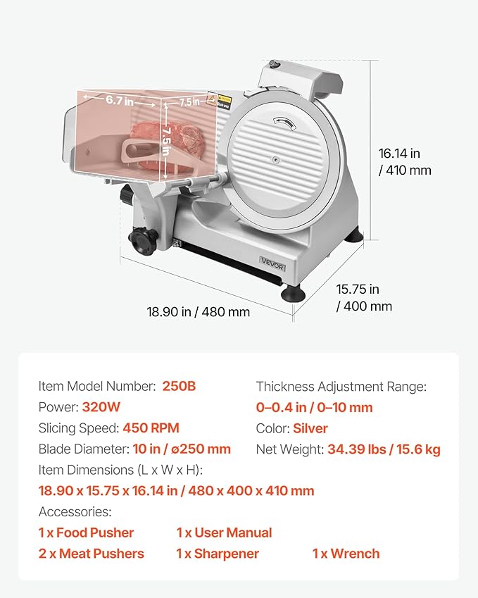 VEVOR Commercial Meat Slicer, 10 inch Electric Deli Slicer Machine, 320W Food-Slicer with SUS420 Blade, 0-0.4 inch Adjustable Thickness, for Frozen Meat, Ham, Baguett, Steak