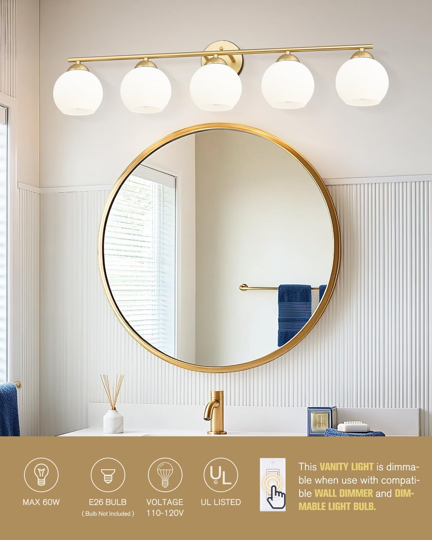 Emak 37 Inch Globe Bathroom Lighting Fixtures Over Mirror  Gold Vanity Lights With Milk Glass Shade  Modern 5-Light Bathroom Vanity Light For Mirror  Vl114-Gd-Ml-5