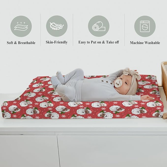 Christmas Santa Claus Snowflakes Baby Changing Pad Covers for Boy Girl Cute Red Santa Fir Leaves Fitted Changing Table Cover Mats Winter Holiday Festive Soft Diaper Change Table Sheets 32''×16''