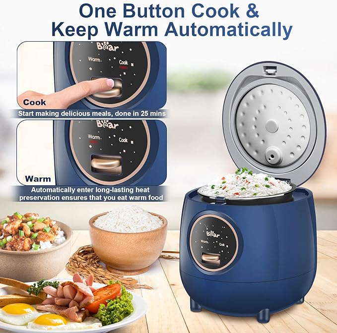Bear Mini Rice Cooker 2 Cups Uncooked, 1.2L Portable Non-Stick Small Travel Rice Cooker, BPA Free, One Button to Cook and Keep Warm Function, Blue
