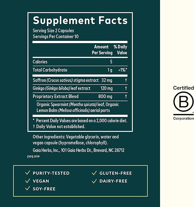 Gaia Herbs Nootropic Focus - Brain & Cognitive Support Supplement to Help Maintain Healthy Concentration* - with Saffron, Lemon Balm & Spearmint - 20 Liquid Phyto-Capsules (Up to 10-Day Supply)