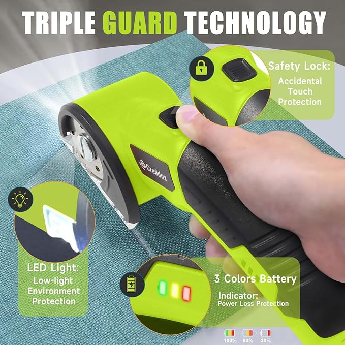 Cordless Electric Scissors，Cardboard Cutter Heavy Duty Scissor with 3 Blade, Safety Lock & Extra Blade，Rotary Cutter for Cardboard Fabric Plastic Leather Green