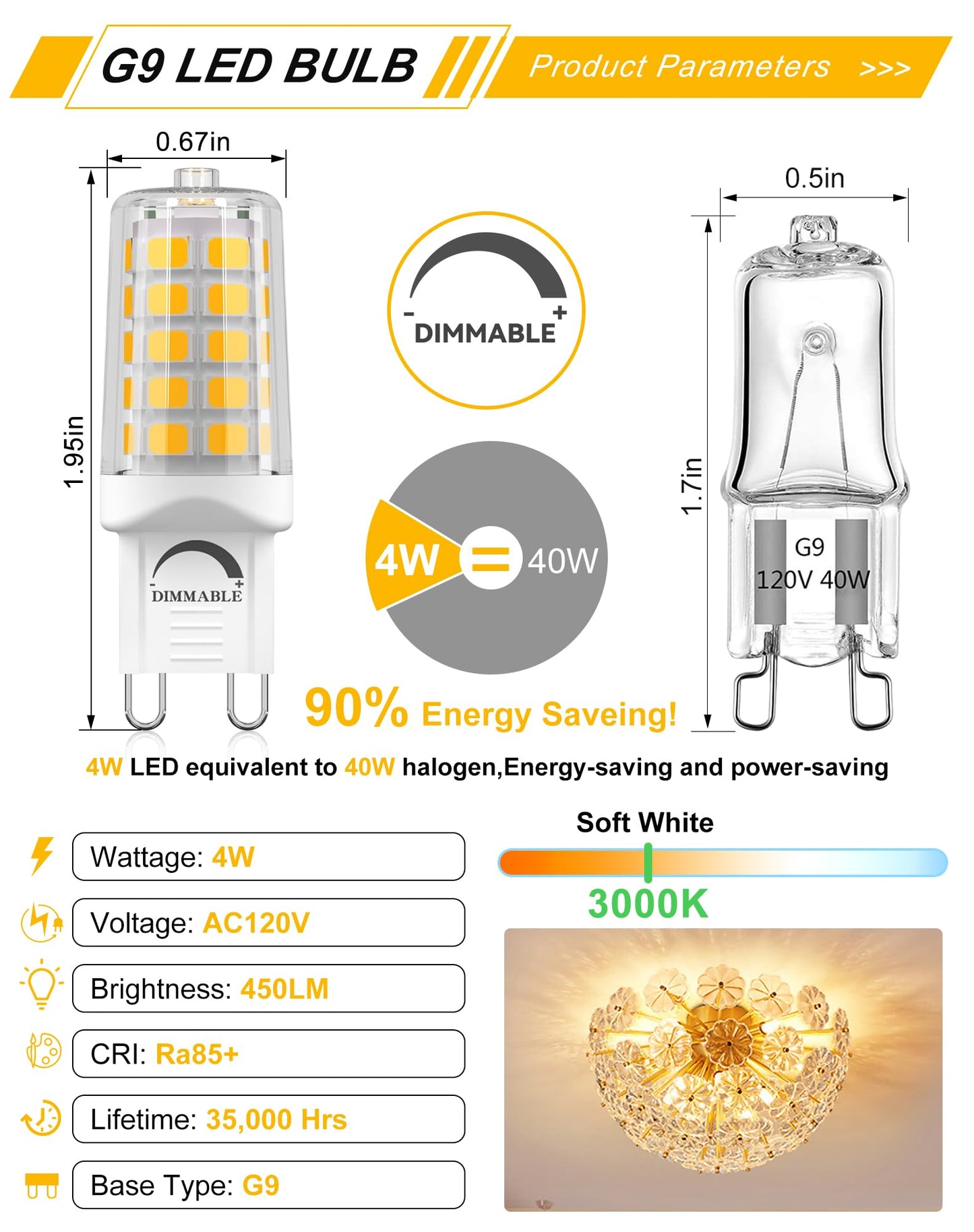 Baoming G9 Led Bulb Dimmable 4W  40 Watt T4 G9 Halogen Equivalent  3000K Soft Warm White  120V No-Flicker  Chandelier Lighting 450Lm (18 Pack)