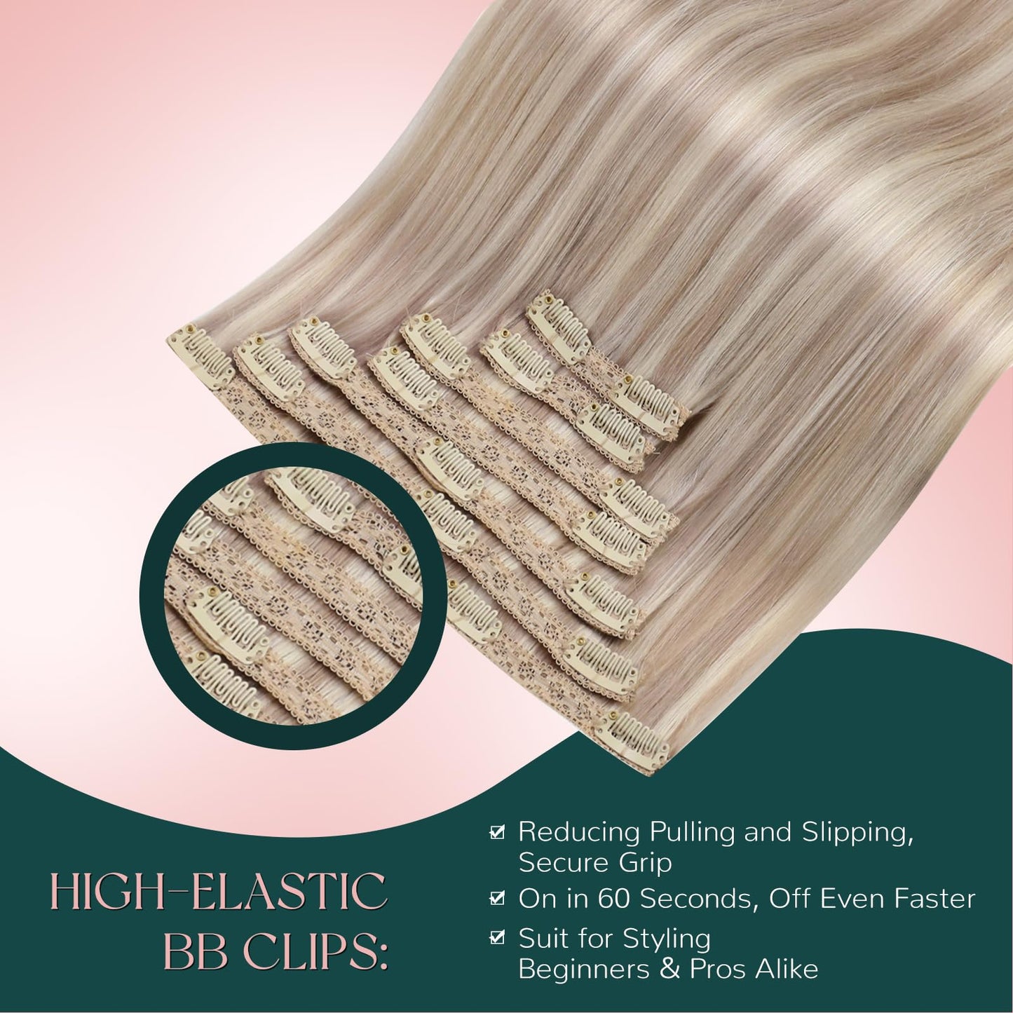 Easyouth 22 Inch Clip on Extensions Human Hair Highlight Real Human Hair Extensions Clip ins Warm Ash Blonde Highlights Bleach B