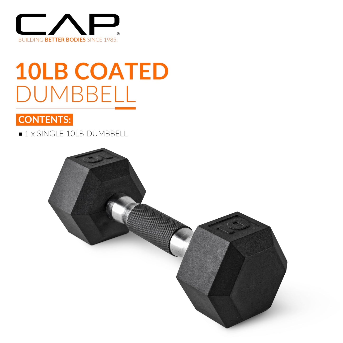 CAP Barbell 10 LB Rubber Coated Hex Dumbbell Hand Weight with Padded Grip - Single | Comfort Grip