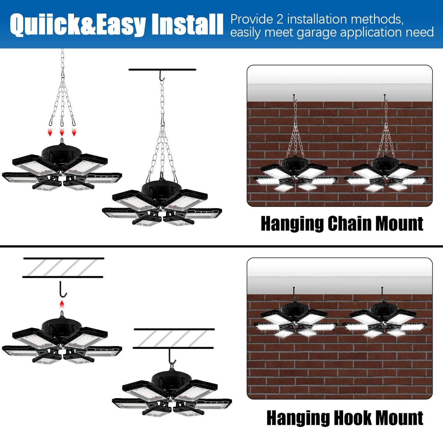 Aoretic LED Garage Lights 4 Pack - 180W, 18000LM, 6500K, 6+1 Deformable Panels, Aluminum, E26/E27, for