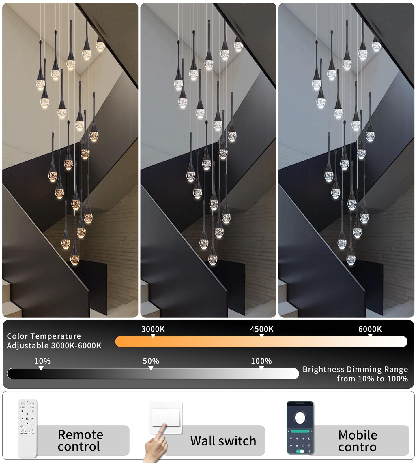 Upfelw Modern Crystal Chandelier 18 Lights Polished Black Large High Ceiling Spiral Dimmable LED Model UCC-B18-0436
