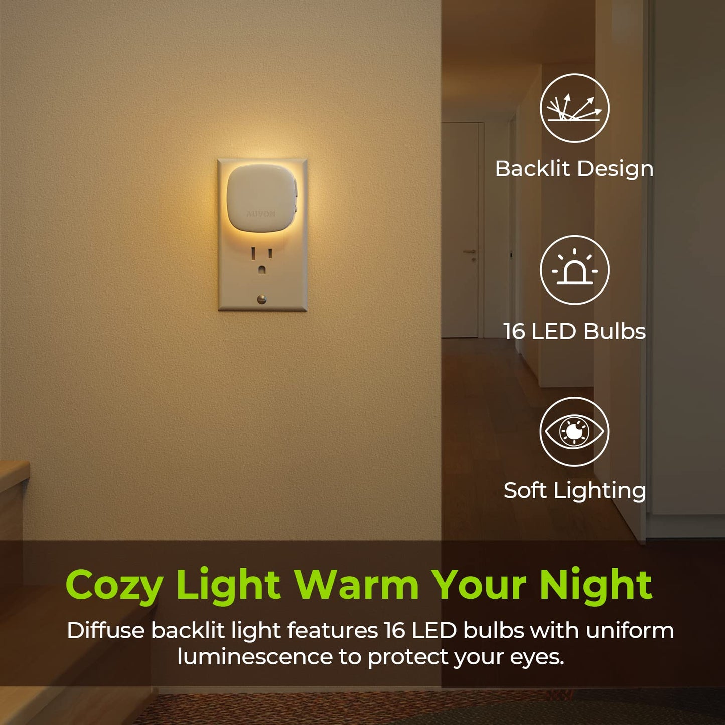 AUVON Plug-in LED Night Light with Motion Sensor, Dimmable Amber, 1-50 lm Brightness, Model N001A, 2 Pack