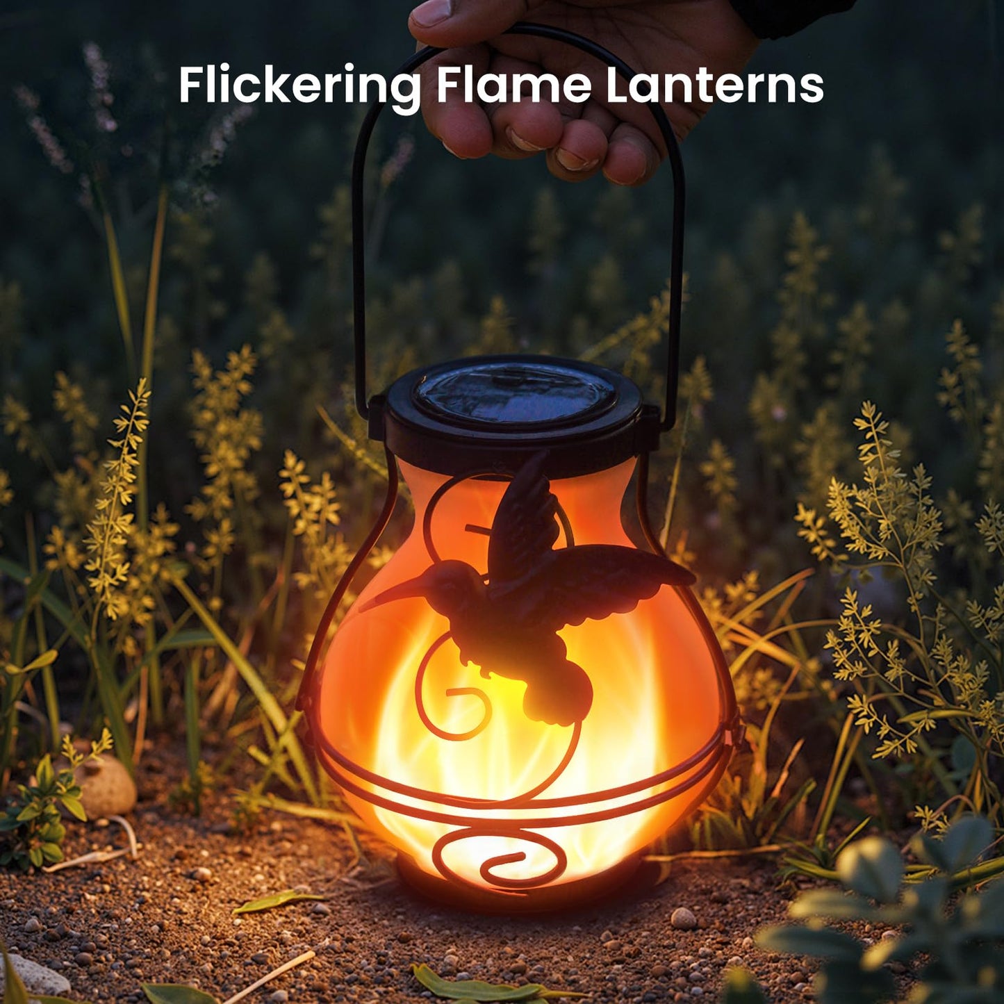 X-PREK Solar Lanterns 2 Pack Outdoor Waterproof Flickering Flame Hummingbird Metal Hanging Garden Decor Brown