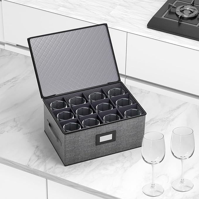 Aokeyee Wine Glass Storage Box Containers with Dividers - 2 Pack Stemware Storage Cases for 24 Crystal Glasses, Drinkware, Hard Shell for Moving & Protection(17'' x 13'' x 11'', Grey)