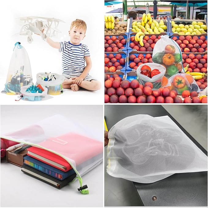 Set of 12 Reusable Mesh Produce Bags - Medium (12"x14") - Green - Polyester - Washable - Drawstring Closure