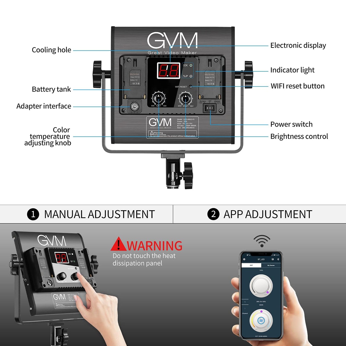 GVM 2 Pack LED Video Lighting Kits with APP Control, Bi-Color Variable 2300K~6800K with Digital Display Brightness of 10~100% for Video Photography, CRI97+ TLCI97 Led Video Light Panel +Barndoor