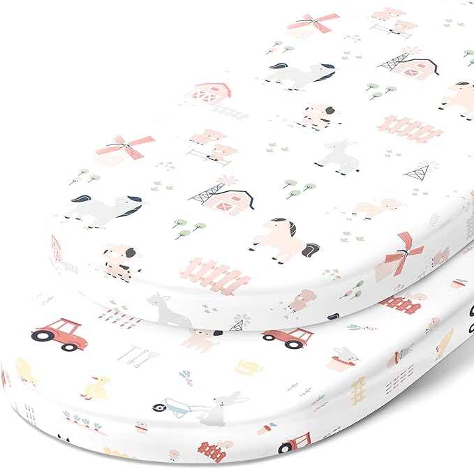 Bassinet Fitted Sheets Compatible with SNOO Happiest Baby Oval Bassinet – Snuggly Soft 100% Jersey Cotton – Farm Animals – 2 Pack
