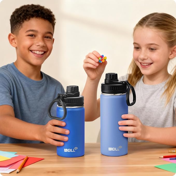 Kids Insulated Water Bottle-16 oz Stainless Steel Vacuum Wide Mouth Sports Flask with Silicone Boot-Reusable Metal Leak Proof Travel Water Bottle for Girls Boys, BPA-Free(Royal Blue)
