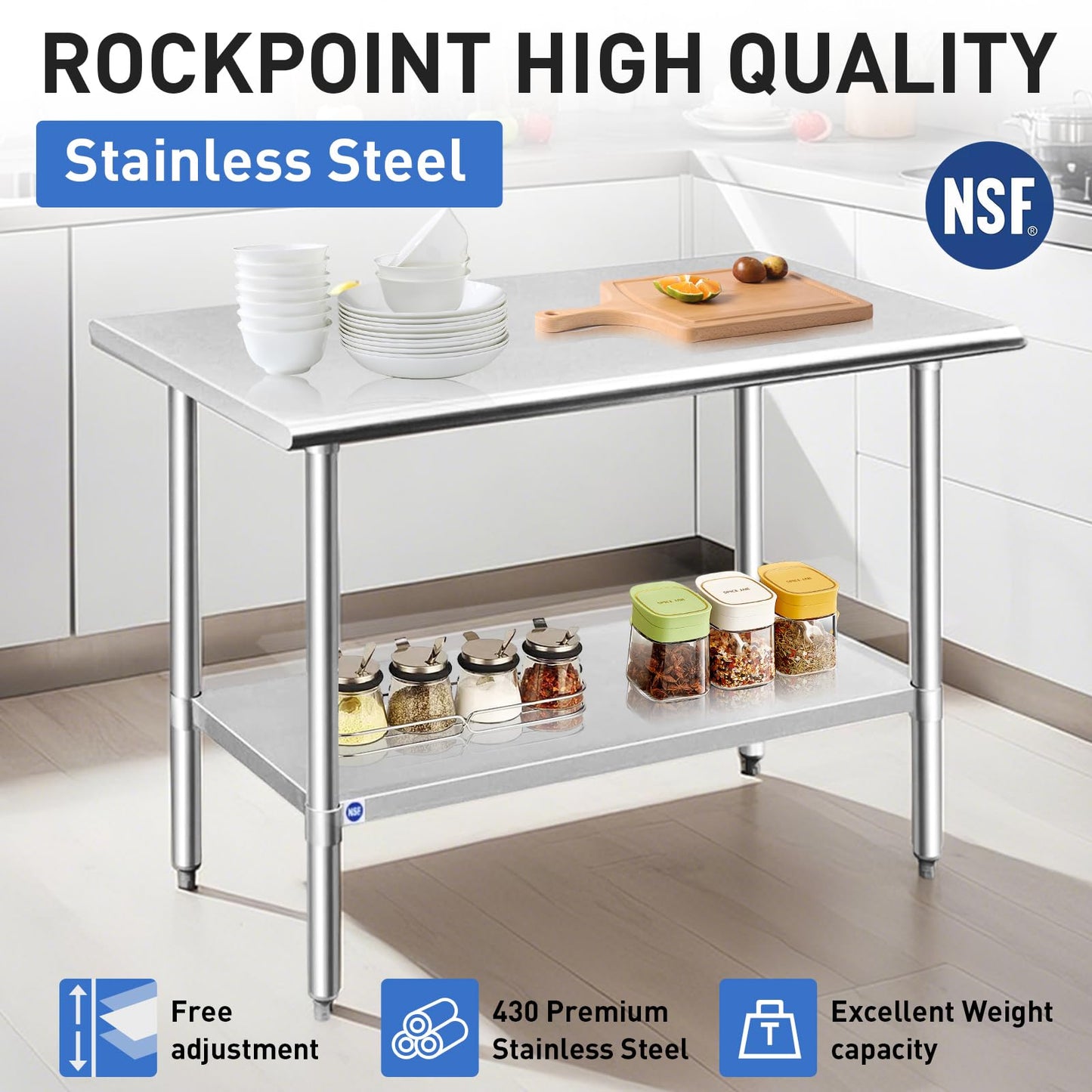 ROCKPOINT Stainless Steel Table for Prep & Work 30x48 Inches, NSF Metal Commercial Kitchen Heavy Duty Table with Adjustable Under Shelf and Table Foot for Restaurant, Home and Hotel