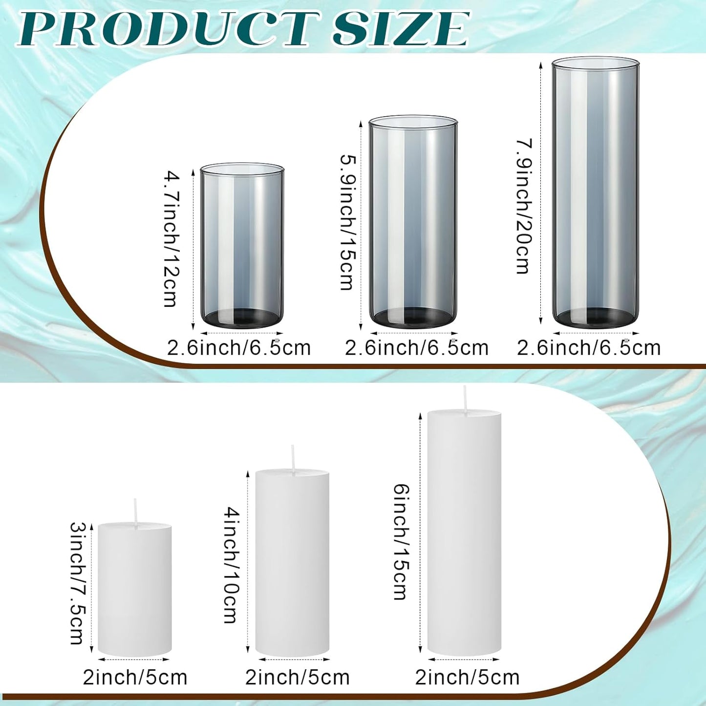 Shihanee 36 Pcs Pillar Candles and Glass Cylinder Vases Tall Cylinder Holders for Pillar Candles Wedding Centerpieces, Total 18 Sets(2.6'' X 4.7'', 5.9'', 7.9'',Smoke Gray,White)