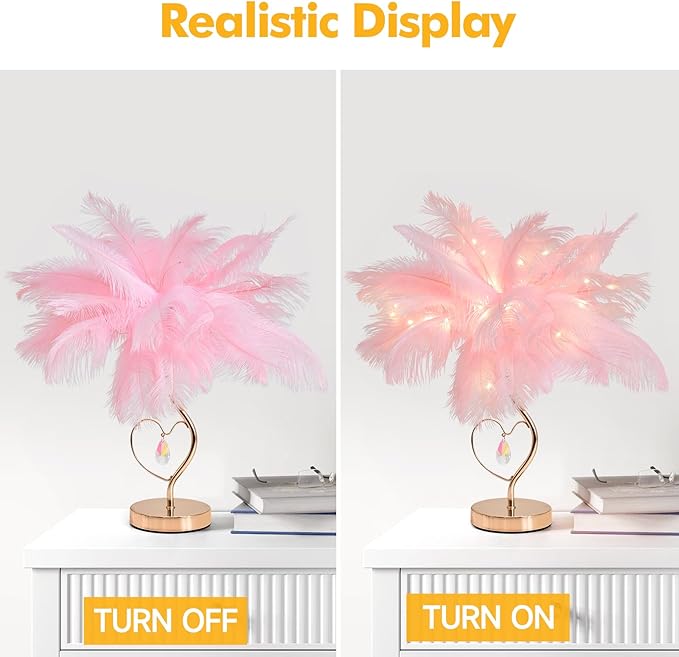 Pink Ostrich Feather Lamp Creative Furry Bedside Lamp Romantic Feather Table Lamp Fluffy Nightstand Lights for Girl Bedroom Wedding Decor Valentines Dating Livingroom Hotel Office