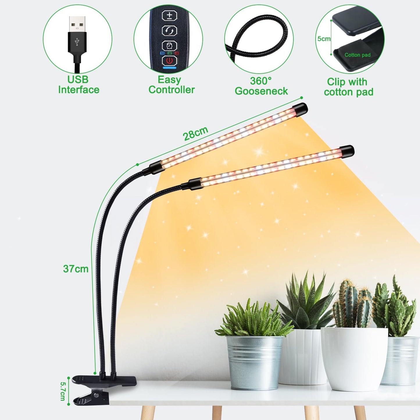 Grow Lights for Indoor Plants, 4 Heads Full Spectrum LED Plant Lamps with Clips and 10 Feet Cables for Seeding Growing(2 Pack)