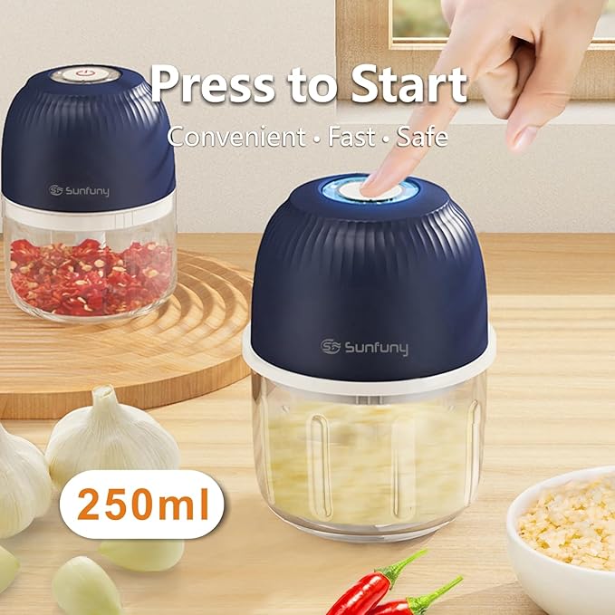 Mini Food Processor Cordless, 250ml Small Garlic Chopper 1 Cup, Battery USB Rechargeable Electric Food Chopper Wireless, Portable Vegetable Meat Blender Kitchen Mixer for Onion, Salad, Xmas Gift(Blue)