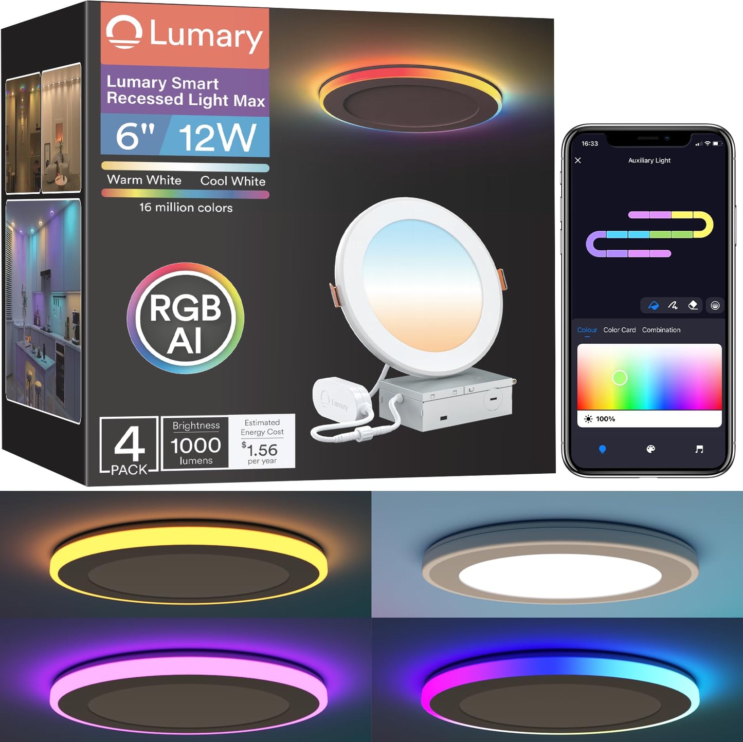 Lumary Rgbai Smart Recessed Lighting 6 Inch With Gradient Accent And Night Ring  12W 1000Lm Wi-Fi Led Recessed Lights  Led Downlight Compatible With Alexa/Google Assistant/Siri  4Pcs