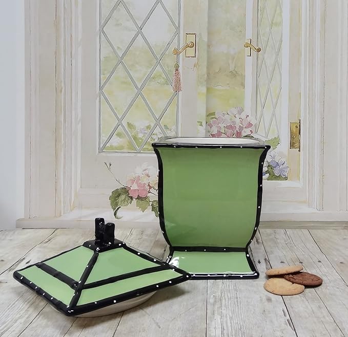 ACK Tuscany Hand Painted Ruffle Green Ceramic Cookie Jar with Lid and Rubber Seal, Food Storage Jar, Kitchen Décor, Snack Storage Container for Cookie, Candy, Snake and More