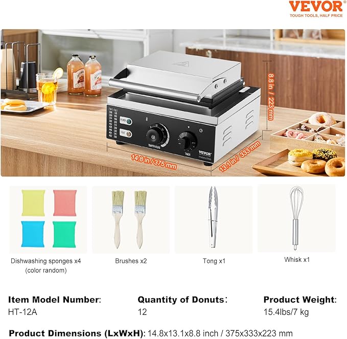 VEVOR Electric Donut Maker, 1550W Commercial Doughnut Machine with Non-stick Surface, 12 Hole Double-Sided Heating Waffle Machine Makes 12 Doughnuts, Temperature 122-572℉, for Restaurant & Home Use