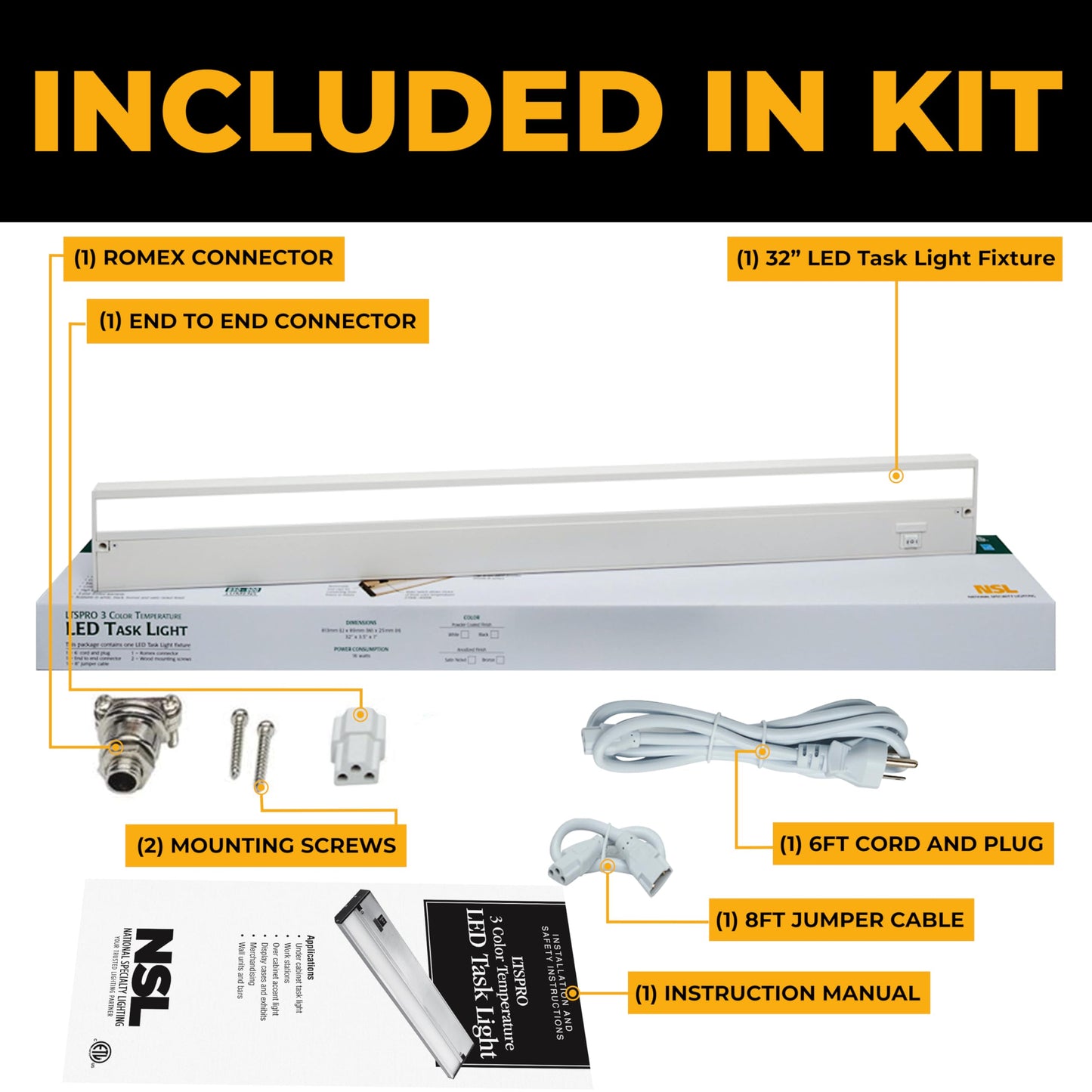 NSL LED Under Cabinet Lighting - 32 Inch, White Finish, Hardwired, Dimmable, Aluminum, Model LTSPRO-32-WH