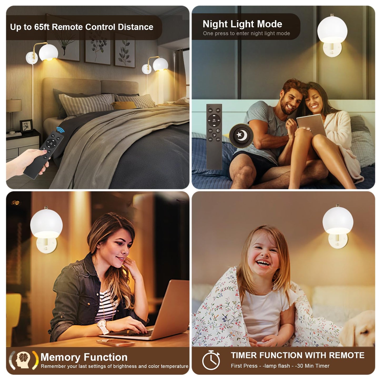 VATONI Wall Sconce with Remote Control, Dimmable 0-100%, Adjustable Color Temp 2700K-6000K, 2 Pack, Brushed Brass, White Globe