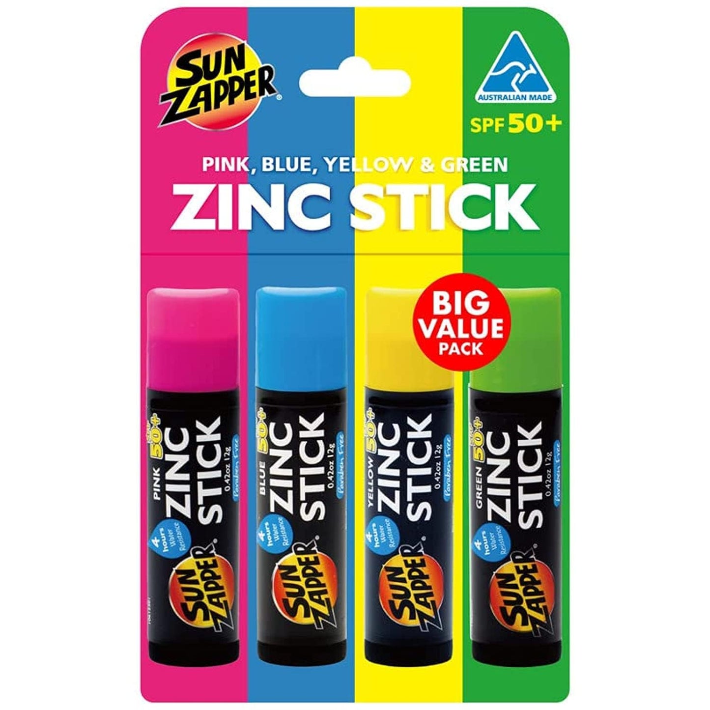 Sun Zapper Zinc Oxide Sunscreen Stick - SPF 50+ Tinted 4-Pack (Pink, Blue, Green, Yellow) - Sunscreen Stick, Zinc Sunscreen, Wat