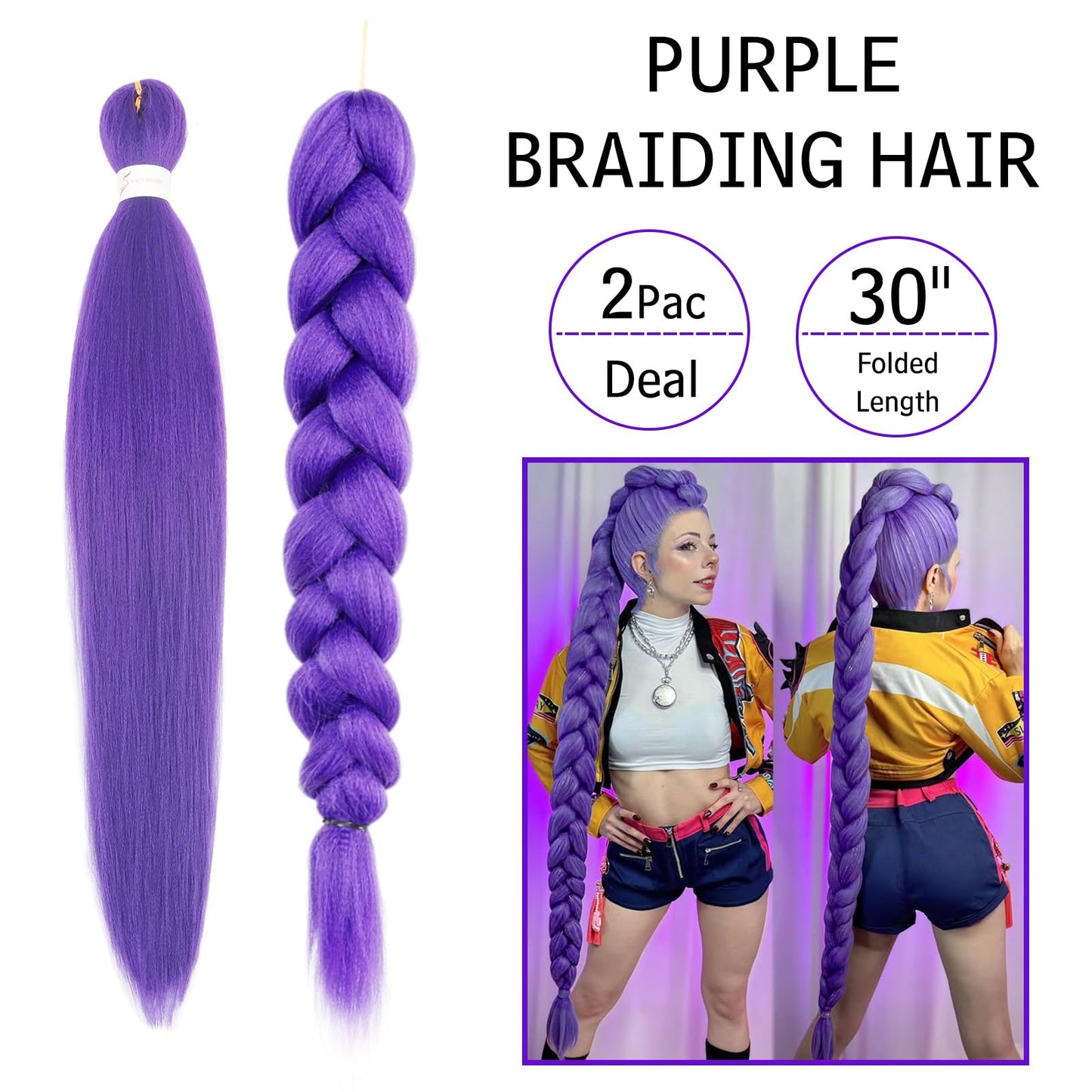 Purple Braiding Hair Pre Stretched 30 Inch - Purple Hair Extensions for Braids Long Synthetic Yaki Braiding Hairs DIY Braids Pon