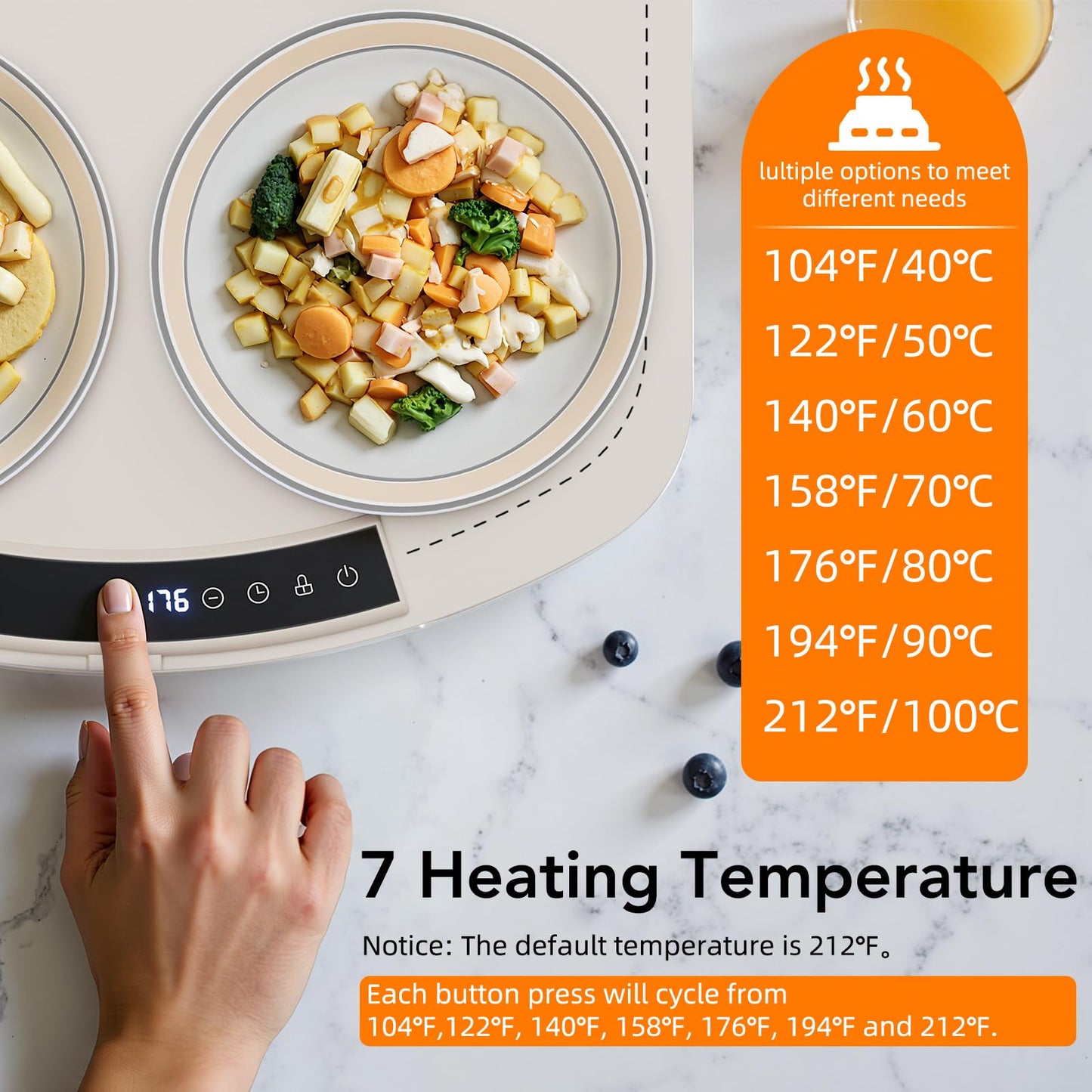 Electactic Food Warming Mat, 10s Fast Heating Silicone with 7-Level Adjustable Temp (Up to 212℉) with Child Lock & Timer, Rollable Portable for Buffet, Party, Kitchen, Beige