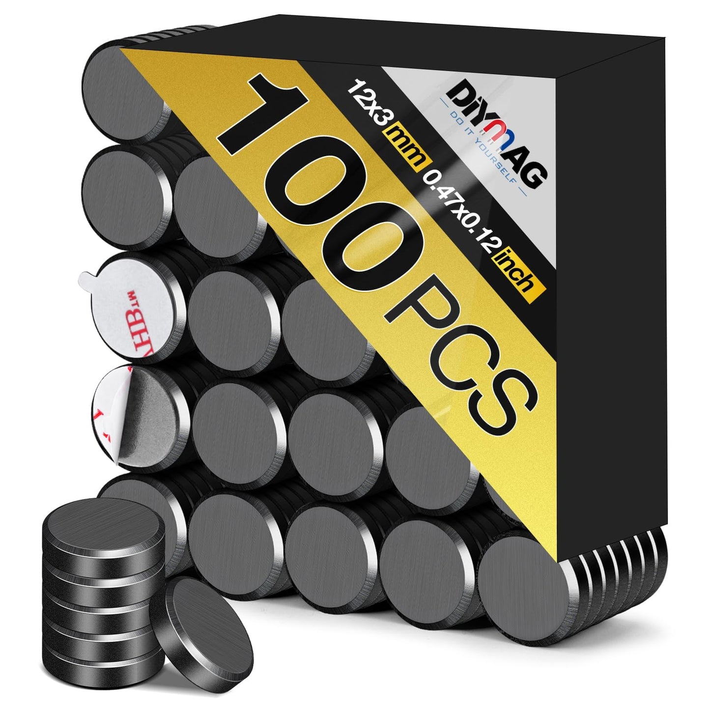 DIYMAG Strong Magnetic Adhesive Dots 100Pcs 0.47x0.12Inch Fridge Refrigerator Magnet for Crafts Whiteboard with Adhesives Backing Magnetic Small Black Button Ceramic Circle Round Heavy Duty