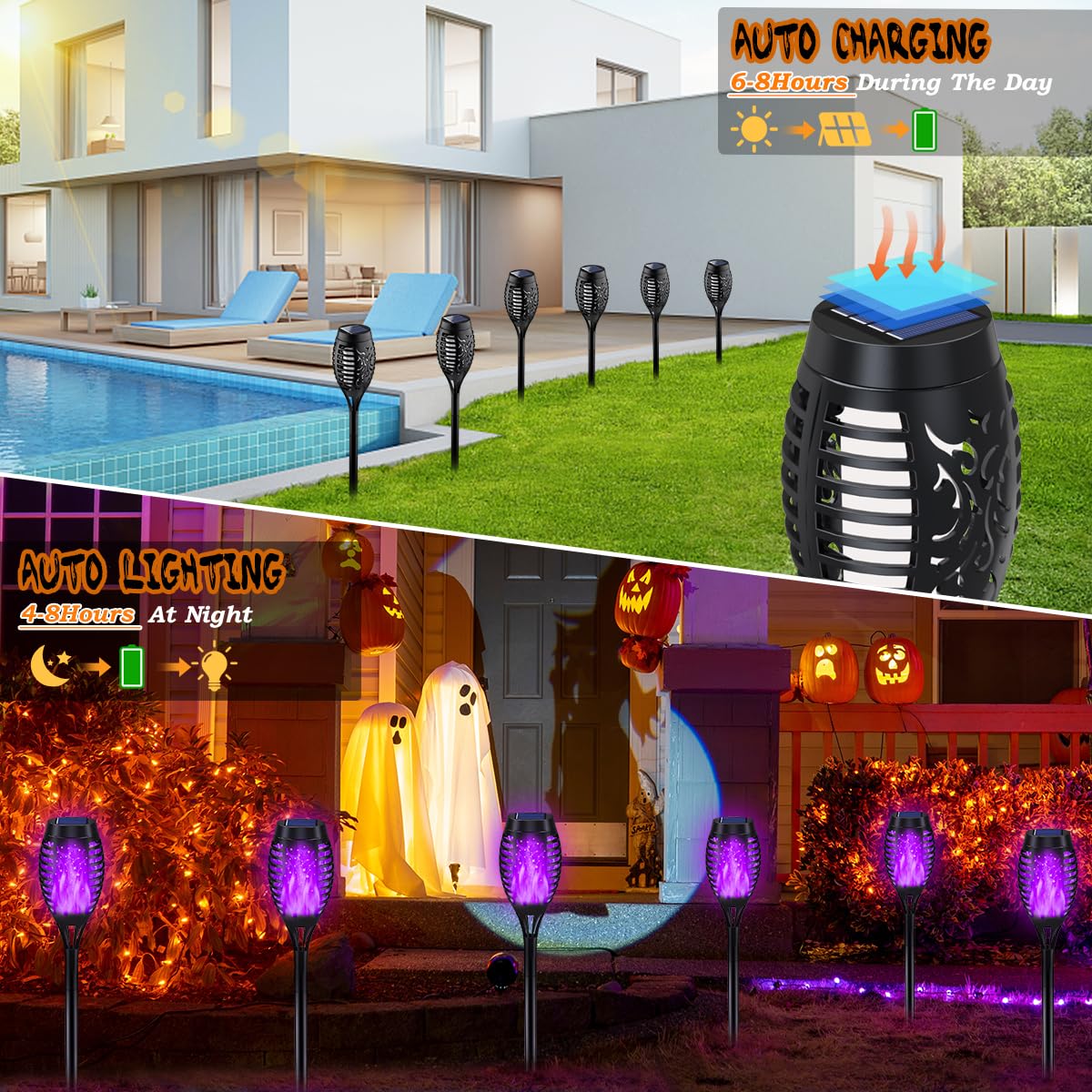 MIUSIKIT Solar Torch Lights - 10Pack Purple Flickering Flame Outdoor Decorations, Waterproof Plastic for Yard, Garden, Patio, Lawn